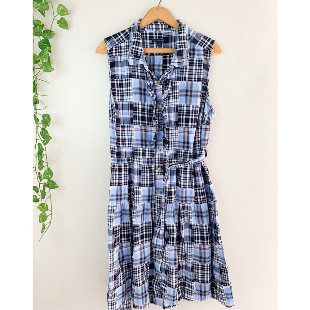 Tommy Hilfiger Navy Blue Plaid Ruffled Dress Sz 16
